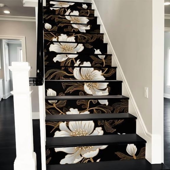 Black White Gold Flower Vintage Peel and Stick Vinyl Stair Riser Decals Staircase Tile Stair Stickers Abstract Art Modern Decoration Self-Adhesive Home Decor Stair Decals (14Pcs)$$Tools