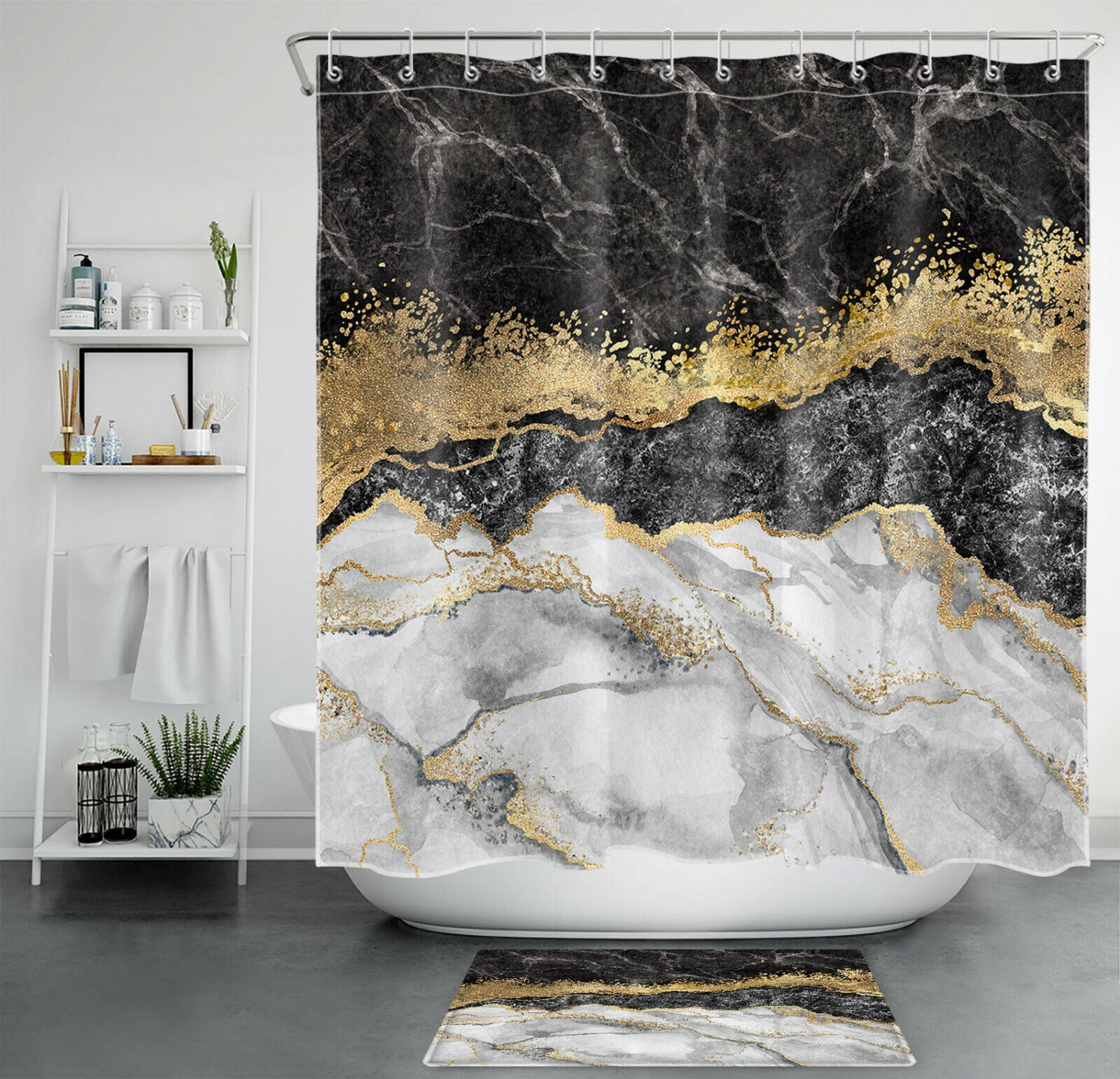 Black White Gold Gradient Marble Texture Art Shower Curtain Set