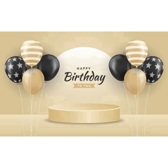 Black, White & Gold Happy Birthday to you Design with Balloons & ConfettiEdible Icing Image Cake Topper, by Tnct.