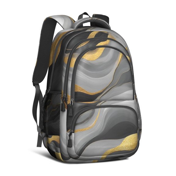 Black White and Gold Marble Backpack for School,Cute School Bag,Schoolbag with Adjustable Shoulder Straps & Padded Back,16.9 Inch