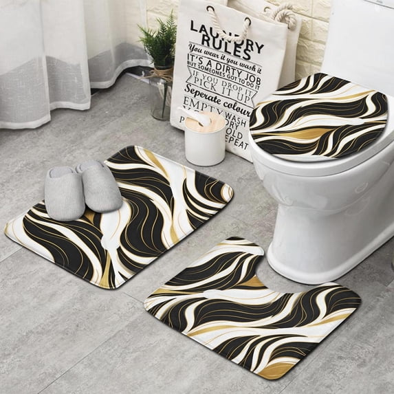 Black White Gold Marble Pattern Bathroom Rugs Sets 3 Piece,Toilet Cover Set,Absorbent Non Slip Bathroom Mats Sets with U-Shaped Contour Rug Toilet Rug Set