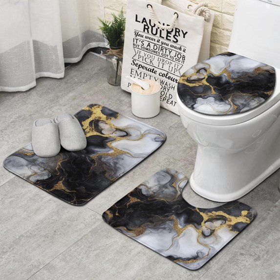 Black White Gold Marble Pattern Bathroom Rugs Sets 3 Piece,Toilet Cover Set,Absorbent Non Slip Bathroom Mats Sets with U-Shaped Contour Rug Toilet Rug Set