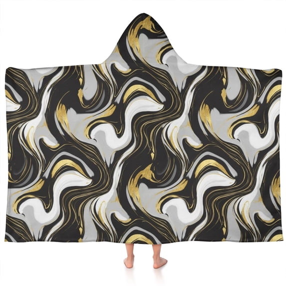 Black White Gold Marble Pattern Hooded Bath Towel,60"x35" for Ages 3 To 12 Kids, Quick Dry Lightweight Soft Microfiber Hood Beach Towel Cover Up for Kids