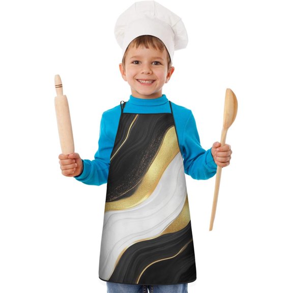 Black White Gold Marble Pattern Kids Aprons for Girls and Boys,Adjustable Neck Strap Toddler Aprons for Kids Cooking Baking