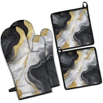 Black White Gold Marble Pattern Kitchen Oven Mitt and Pot Holder Sets 2 Pcs for Baking, Cooking and Grilling, Heat Resistant Up To 392 °F