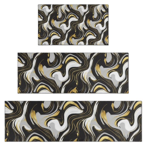 Black White Gold Marble Pattern Kitchen Rugs Sets Of 3,Kitchen Runner Rugs Non Skid Washable,Decorative Kitchen Floor Mats for Kitchen,Sink,Laundry,17"x30"+ 17"x47" + 17"x59"