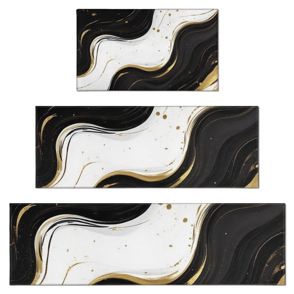 Black White Gold Marble Pattern Kitchen Rugs Sets Of 3,Kitchen Runner Rugs Non Skid Washable,Decorative Kitchen Floor Mats for Kitchen,Sink,Laundry,17"x30"+ 17"x47" + 17"x59"