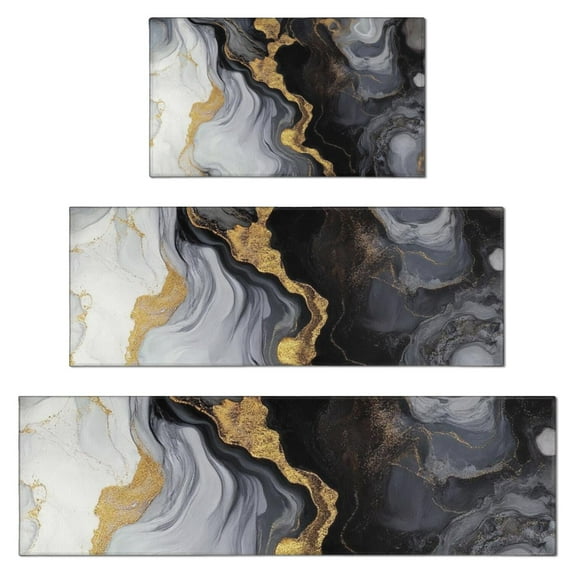 Black White Gold Marble Pattern Kitchen Rugs Sets Of 3,Kitchen Runner Rugs Non Skid Washable,Decorative Kitchen Floor Mats for Kitchen,Sink,Laundry,17"x30"+ 17"x47" + 17"x59"