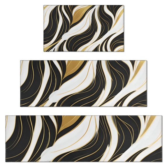 Black White Gold Marble Pattern Kitchen Rugs Sets Of 3,Kitchen Runner Rugs Non Skid Washable,Decorative Kitchen Floor Mats for Kitchen,Sink,Laundry,17"x30"+ 17"x47" + 17"x59"