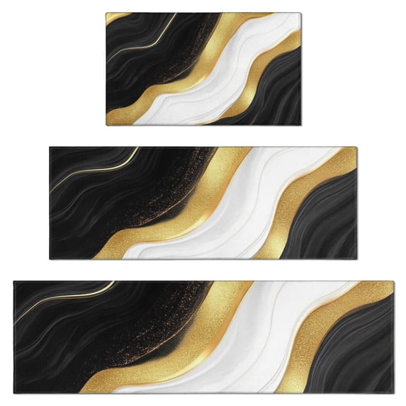 Black White Gold Marble Pattern Kitchen Rugs Sets Of 3,Kitchen Runner Rugs Non Skid Washable,Decorative Kitchen Floor Mats for Kitchen,Sink,Laundry,17"x30"+ 17"x47" + 17"x59"