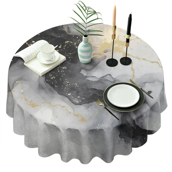 Black White Gold Marble Pattern Round Tablecloth 60"x60",Wrinkle Wipeable Table Cloth for Kitchen Dining Room Picnic Patio Party