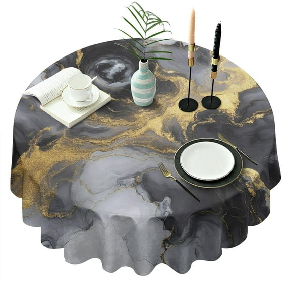 Black White Gold Marble Pattern Round Tablecloth 60"x60",Wrinkle Wipeable Table Cloth for Kitchen Dining Room Picnic Patio Party
