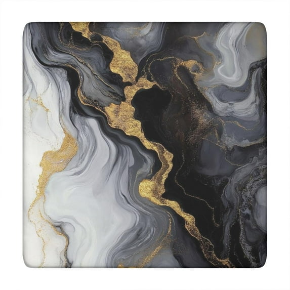 Black White Gold Marble Pattern Square Fitted Tablecloth with Elastic Edge,Square Table Cover,Washable Elastic Table Cover for Home Kitchen Party Decor 34"x34"