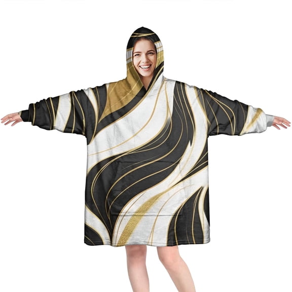 Black White Gold Marble Pattern Wearable Oversized Blanket,Wearable Blanket Hoodie for Adults,Cozy Hooded Blankets with Super Pockets,Super Warm Fuzzy Pullover for Women & Men