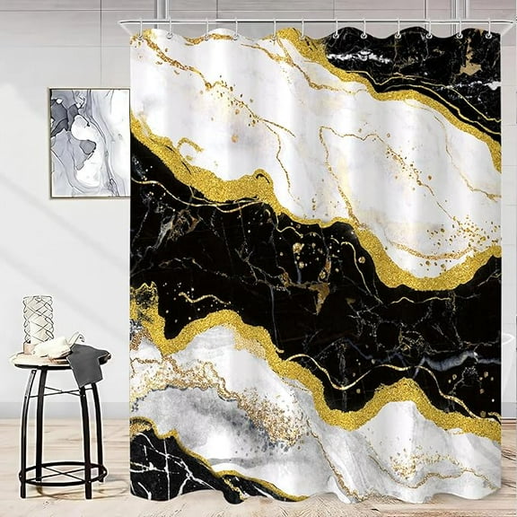 Black White Gold Marble Shower Curtain Modern Abstract Shower Curtains For Bathroom Cool Art Pretty Waterproof Fabric Bath Curtain Decor With Hooks 54"W x 72"L