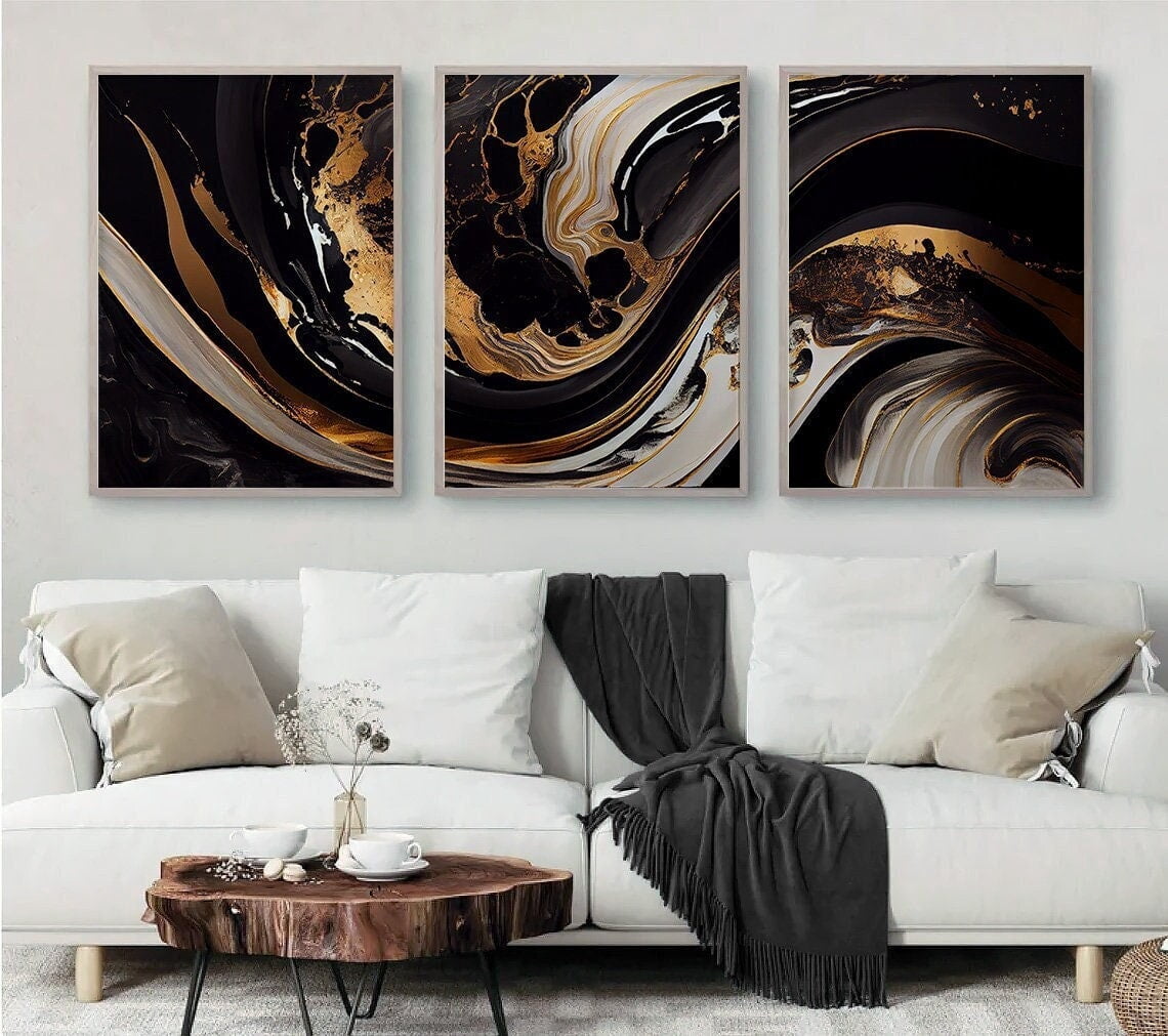 Black White Gold Marble Wall Art Set 3 Unframed Paper Print 8x12