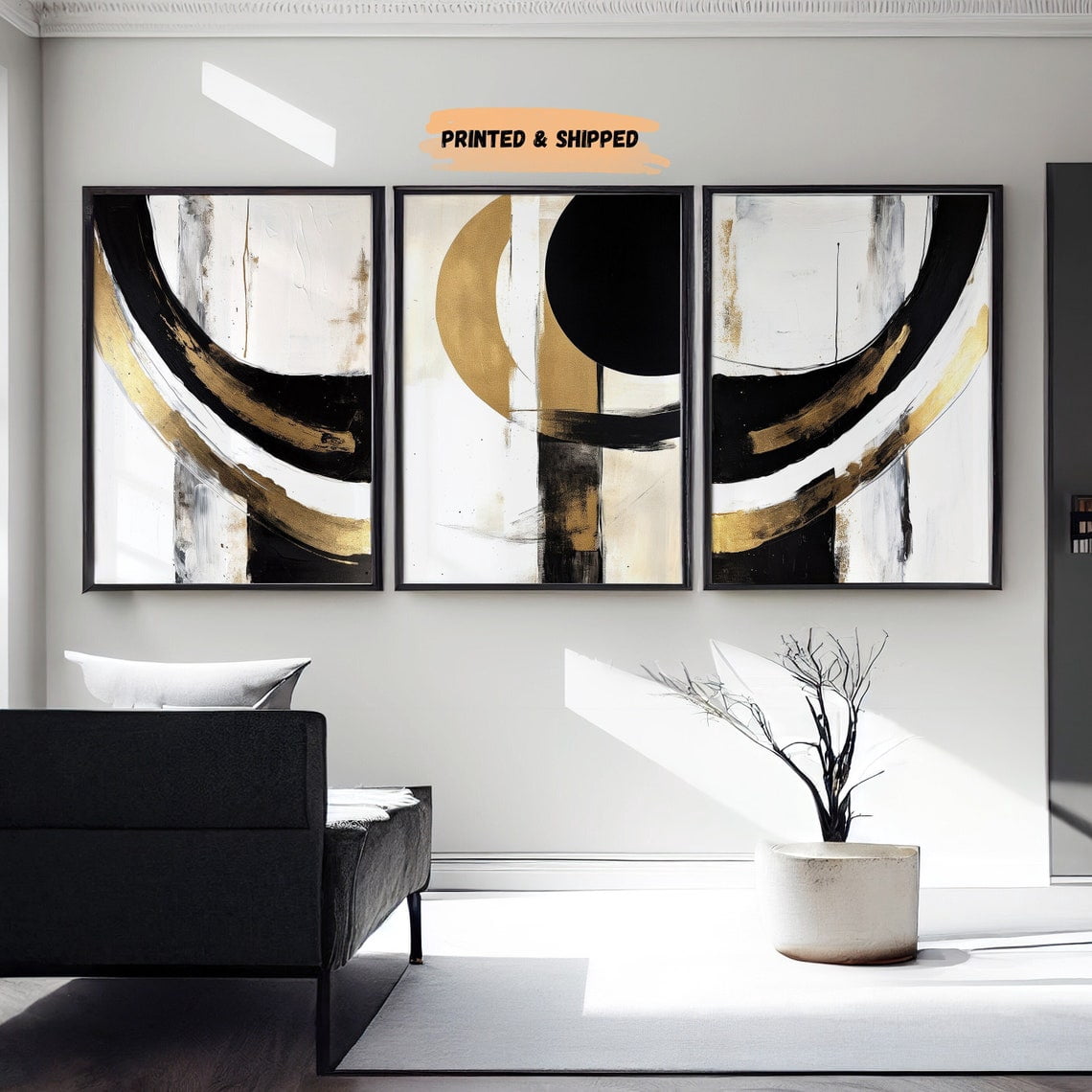 Black White Gold Modern Abstract Wall Art Set 3 Unframed Paper Print ...