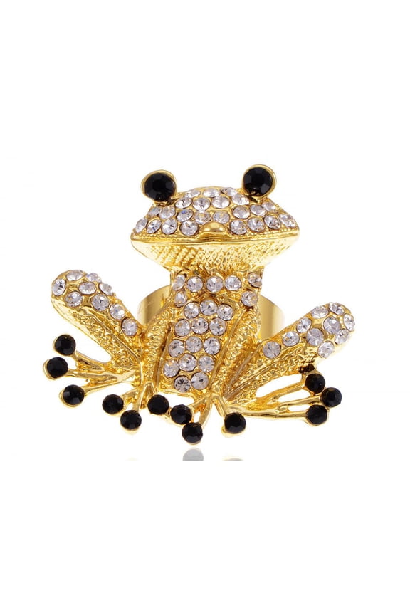 Black White Gold Tone Crystal Toad Frog Fashionable Smile Happy Adjustable Ring