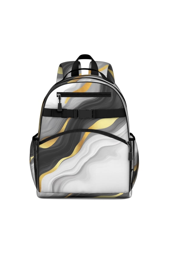Black White Gold Wave Marble Backpack for School,Cute School Bag,Schoolbag with Adjustable Shoulder Straps & Padded Back,15.25"x11.5"x5.25"
