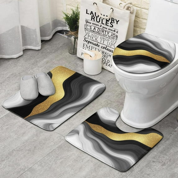 Black Marble Gold Wave Pattern Bathroom Rugs Sets 3 Piece,Toilet Cover Set,Absorbent Non Slip Bathroom Mats Sets with U-Shaped Contour Rug Toilet Rug Set