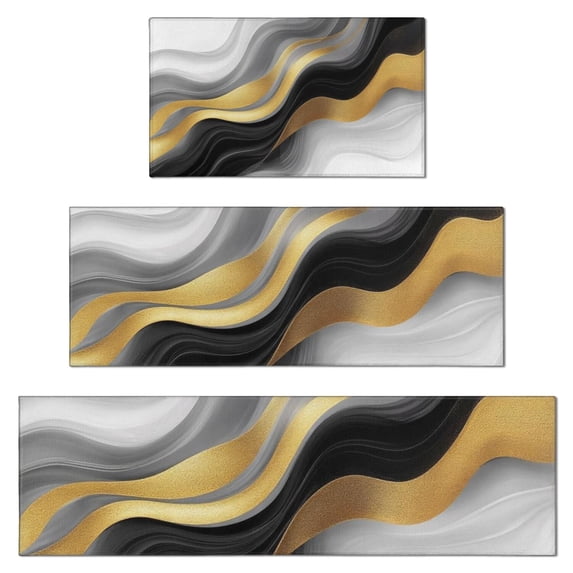 Black White Gold Wave Marble Kitchen Rugs Sets Of 3,Kitchen Runner Rugs Non Skid Washable,Decorative Kitchen Floor Mats for Kitchen,Sink,Laundry,17"x30"+ 17"x47" + 17"x59"