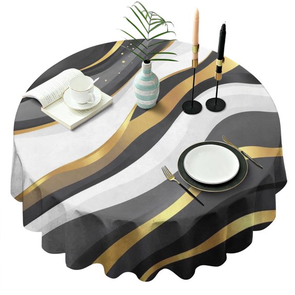 Black White Gold Wave Marble Round Tablecloth 60"x60",Wrinkle Wipeable Table Cloth for Kitchen Dining Room Picnic Patio Party