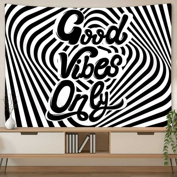 Black and White Good Vibes Only Tapestry Wall Hanging, Swirl Abstrat Aesthetic Bedroom Wall Tapestries, Trippy Psychedelic Hippie Tapestry Wall Art Decor for Home Living Room Dorm