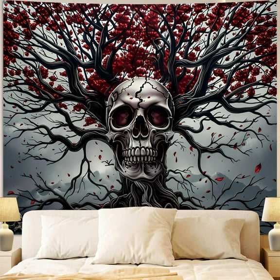 Black and White Goth Skull Tapestry for Bedroom, Gothic Skeleton Halloween Wall Tapestries Aesthetic, Horror Ghost Rider Night Sky Moon Dark Wall Hanging Decor for Living Room