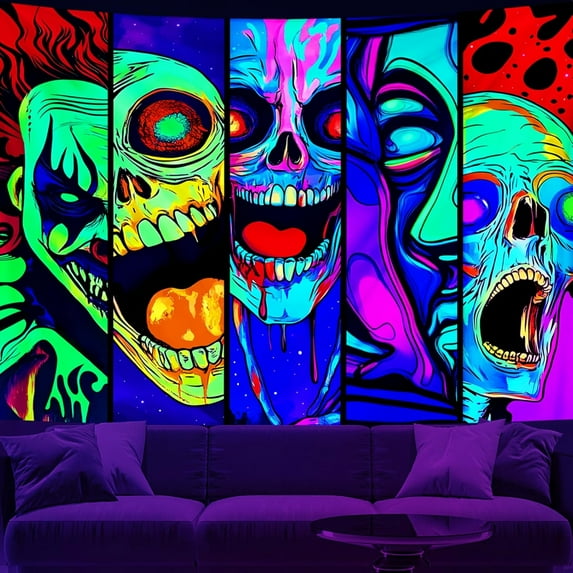 Black and White Goth Skull Tapestry for Bedroom, Gothic Skeleton Halloween Wall Tapestries Aesthetic, Horror Ghost Rider Night Sky Moon Dark Wall Hanging Decor for Living Room