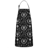 Black White Gothic Cat Skull Key Pattern Apron-Garden Aprons for Women with Pockets-Cotton Linen Waterproof Kitchen Cooking Gardening Aprons Adjustable for Kitchen,Cooking,BBQ and Salon 33x27 Inch