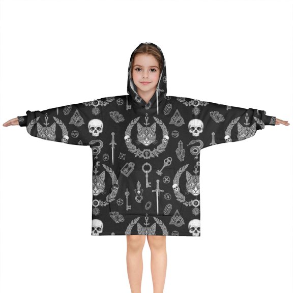 Black White Gothic Cat Skull Key Pattern Blanket Hoodies for Kids 6-13YR Oversize Wearable Blanket Hoodies for Boys Girls Teens