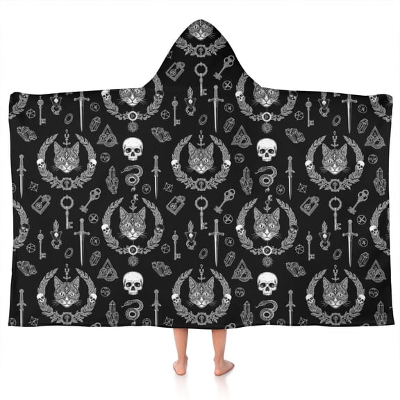 Black White Gothic Cat Skull Key Pattern Hooded Bath Towel，50"x30" for Ages 3 To 12 Kids, Quick Dry Lightweight Soft Microfiber Hood Beach Towel Cover Up for Kids