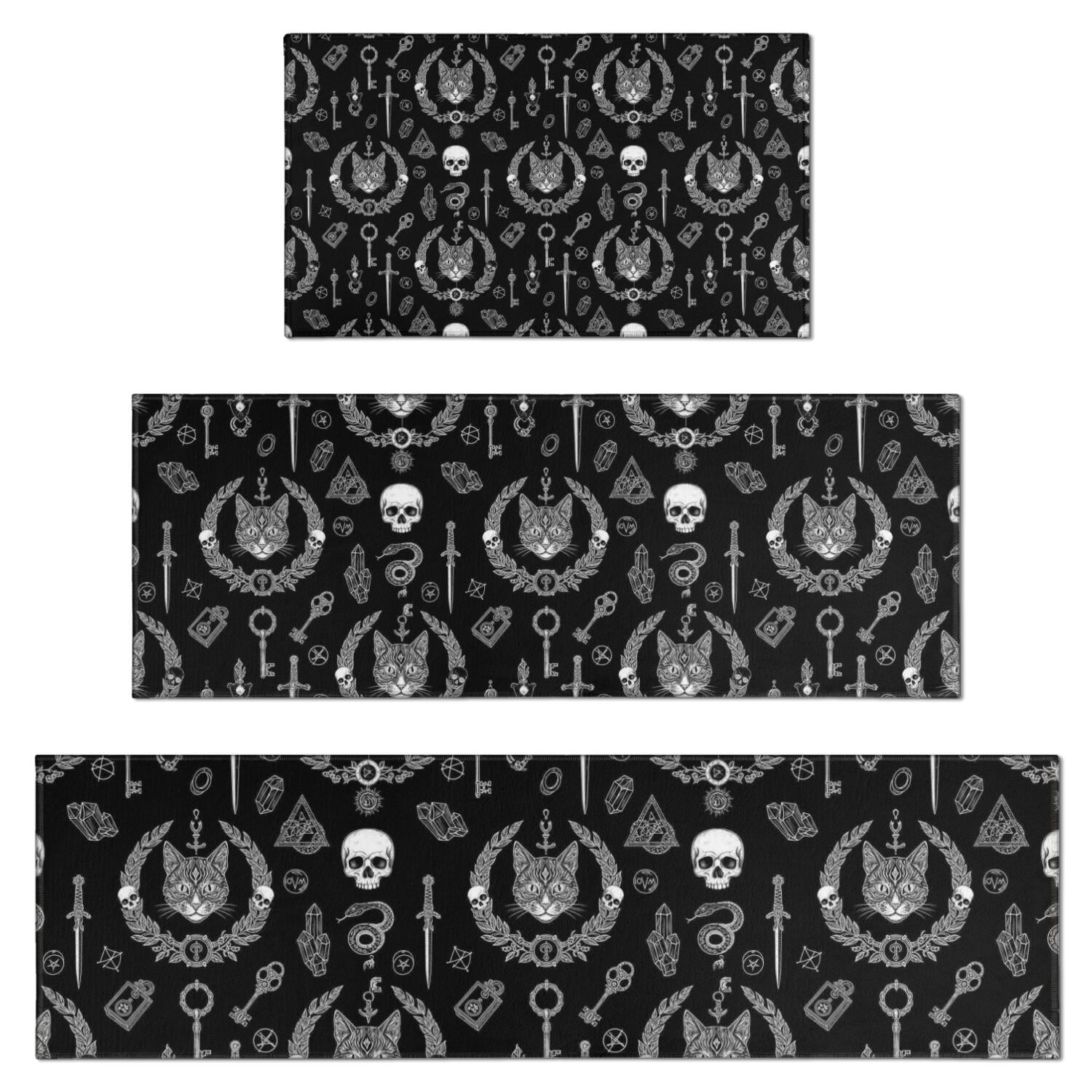 Black White Gothic Cat Skull Key Pattern Kitchen Rugs Sets Of 3,Kitchen ...
