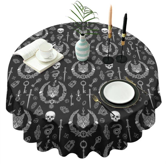Black White Gothic Cat Skull Key Pattern Round Tablecloth 60"x60",Wrinkle Wipeable Table Cloth for Kitchen Dining Room Picnic Patio Party