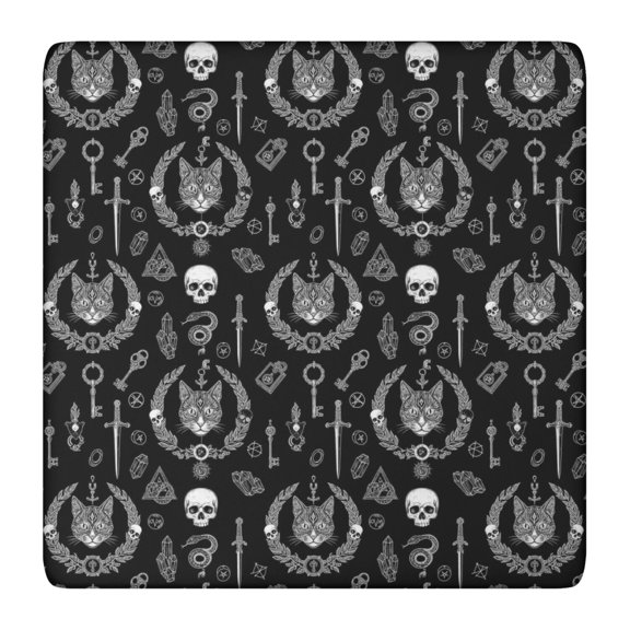 Black White Gothic Cat Skull Key Pattern Square Fitted Tablecloth with Elastic Edge,Square Table Cover,Washable Elastic Table Cover for Home Kitchen Party Decor 36"x36"