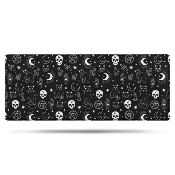 Black White Gothic Cat Skull Moon Pattern Bathroom Rugs Mat,Non Slip Microfiber Bathroom Rug,Rubber Backing,Soft Bathroom Mats for Bathroom Floor,Tub and Shower,60x24in(150x60cm)