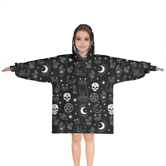 Black White Gothic Cat Skull Moon Pattern Blanket Hoodies for Kids 6-13YR Oversize Wearable Blanket Hoodies for Boys Girls Teens