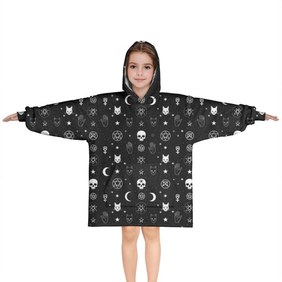 Black White Gothic Cat Skull Moon Pattern Blanket Hoodies for Kids 6-13YR Oversize Wearable Blanket Hoodies for Boys Girls Teens