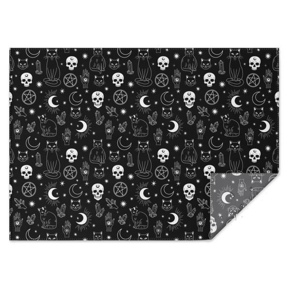Black White Gothic Cat Skull Moon Pattern Rectangle Tablecloth 60"x84",Waterproof Polyester Rectangle Table Cloth, Wipeable Spillproof Polyester Tablecloth for Dining, Camping, Indoor and Outdoor