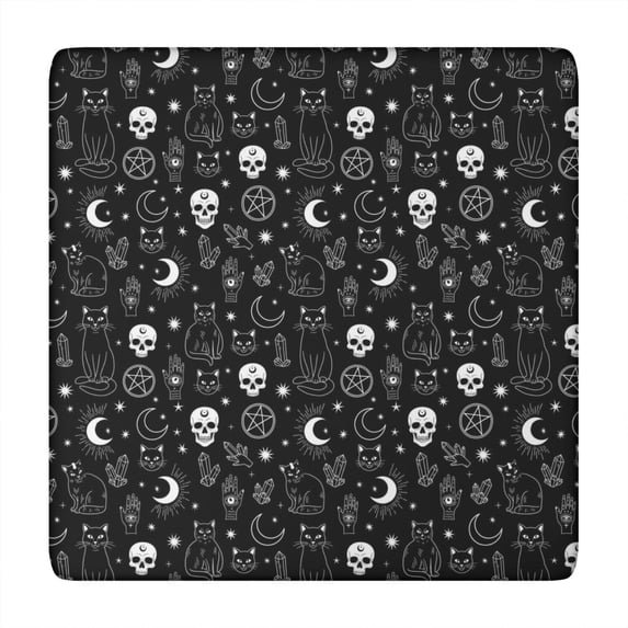 Black White Gothic Cat Skull Moon Pattern Square Fitted Tablecloth with Elastic Edge,Square Table Cover,Washable Elastic Table Cover for Home Kitchen Party Decor 34"x34"