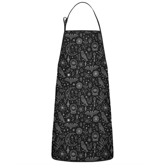 Black White Gothic Crystal Ball Bird Bat Apron-Garden Aprons for Women with Pockets-Cotton Linen Waterproof Kitchen Cooking Gardening Aprons Adjustable for Kitchen,Cooking,BBQ and Salon 33x27 Inch