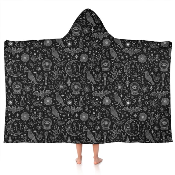 Black White Gothic Crystal Ball Bird Bat Pattern Hooded Bath Towel,50"x30" for Ages 3 To 12 Kids, Quick Dry Lightweight Soft Microfiber Hood Beach Towel Cover Up for Kids