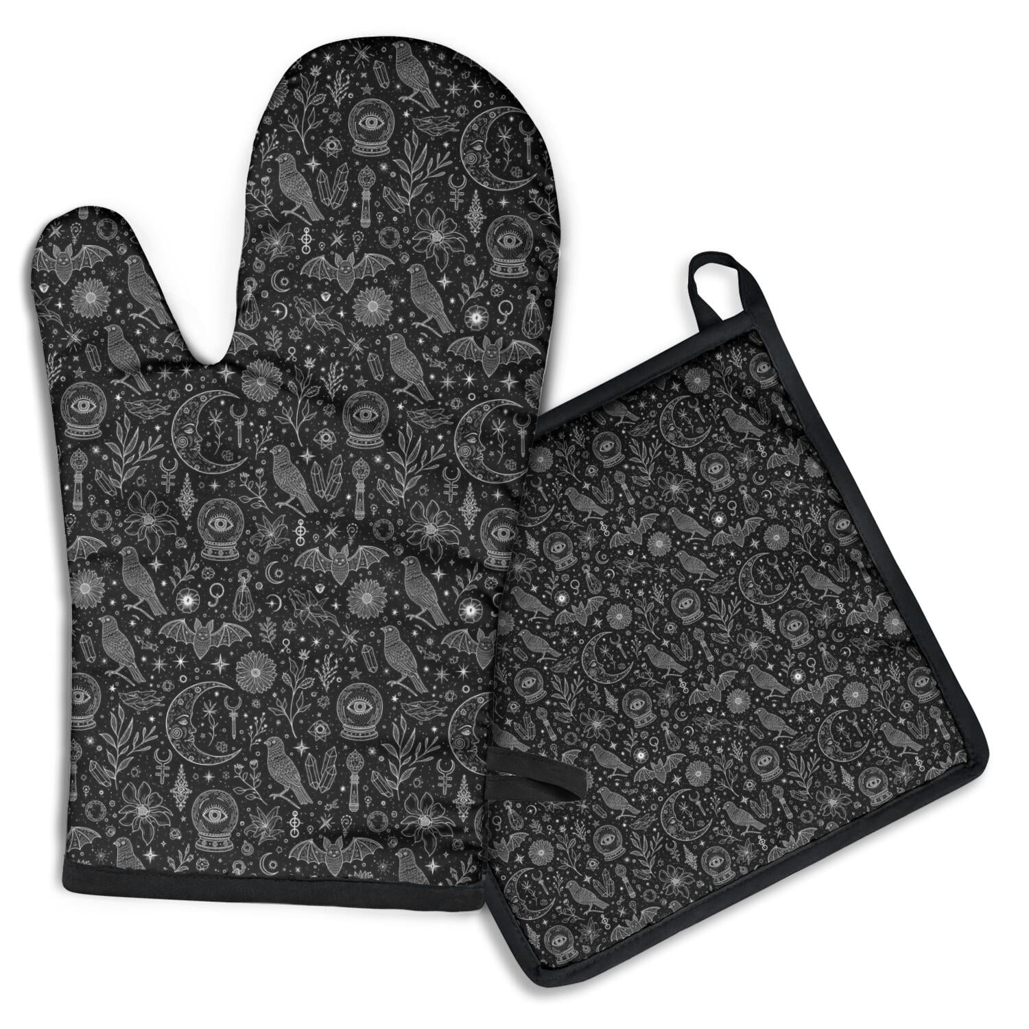 Black White Gothic Crystal Ball Bird Bat Pattern Kitchen Oven Mitt and ...