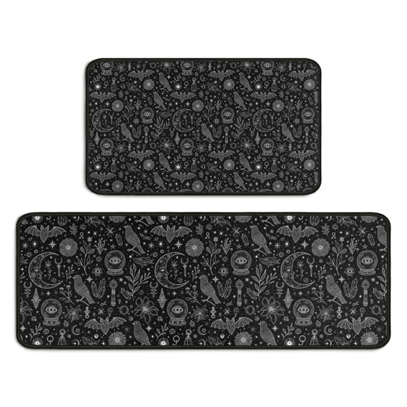 Black White Gothic Crystal Ball Bird Bat Pattern Kitchen Rugs Sets Of 2,Anti Fatigue Kitchen Mat Rugs Non Slip Washable,Decorative Kitchen Floor Mats for Kitchen,Sink,Laundry,17"X30"+17"X47"