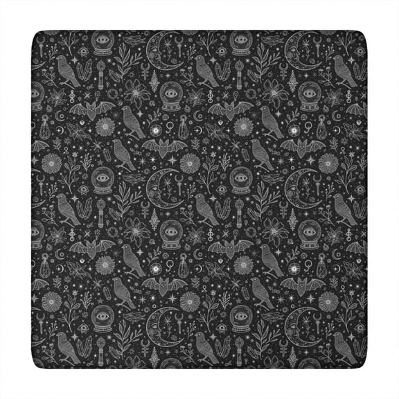 Black White Gothic Crystal Ball Bird Bat Pattern Square Fitted Tablecloth with Elastic Edge,Square Table Cover,Washable Elastic Table Cover for Home Kitchen Party Decor 34"x34"