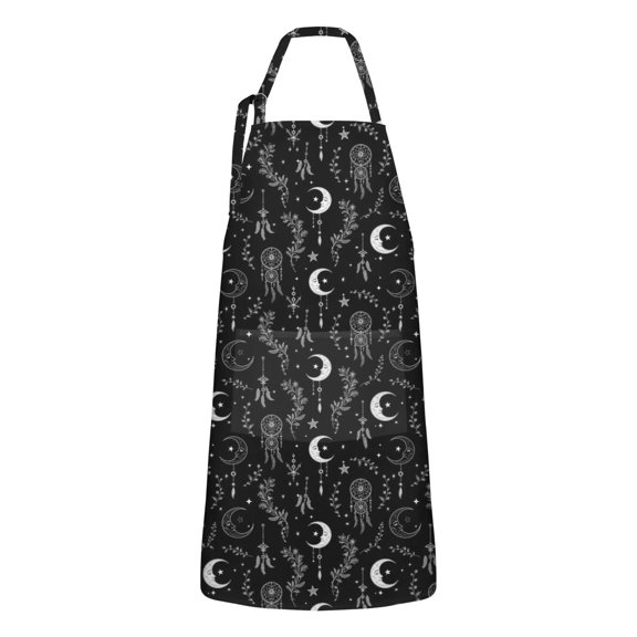 Black White Gothic Dreamcatcher Moon Star Apron-Garden Aprons for Women with Pockets-Cotton Linen Waterproof Kitchen Cooking Gardening Aprons Adjustable for Kitchen,Cooking,BBQ and Salon 33x27 Inch
