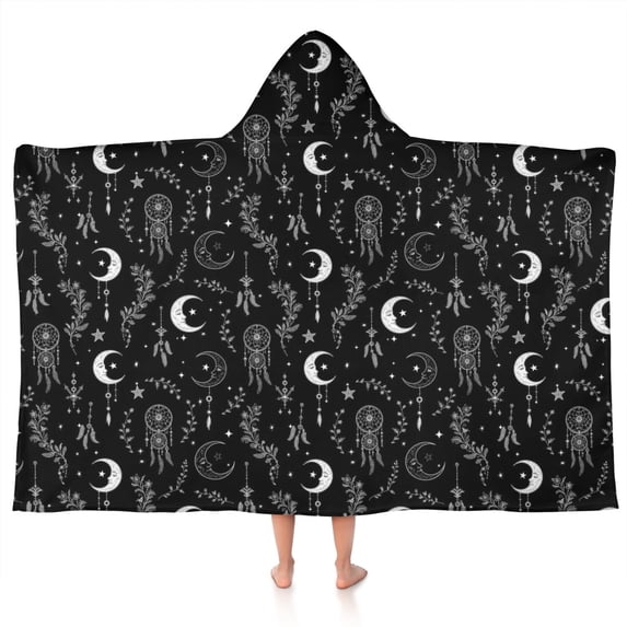 Black White Gothic Dreamcatcher Moon Star Pattern Hooded Bath Towel,50"x30" for Ages 3 To 12 Kids, Quick Dry Lightweight Soft Microfiber Hood Beach Towel Cover Up for Kids