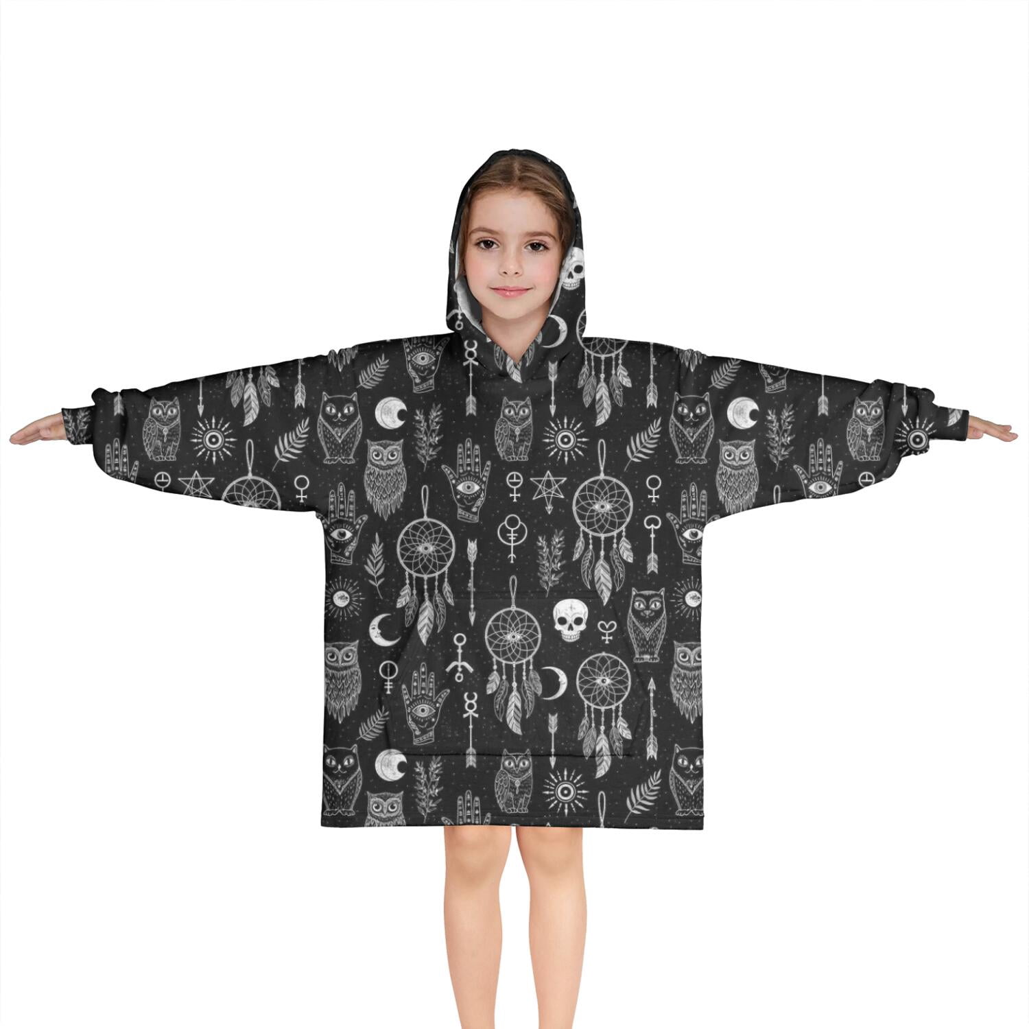 Black White Gothic Dreamcatcher Owl Skull Pattern Blanket Hoodies for Kids 6-13YR Oversize Wearable Blanket Hoodies for Boys Girls Teens