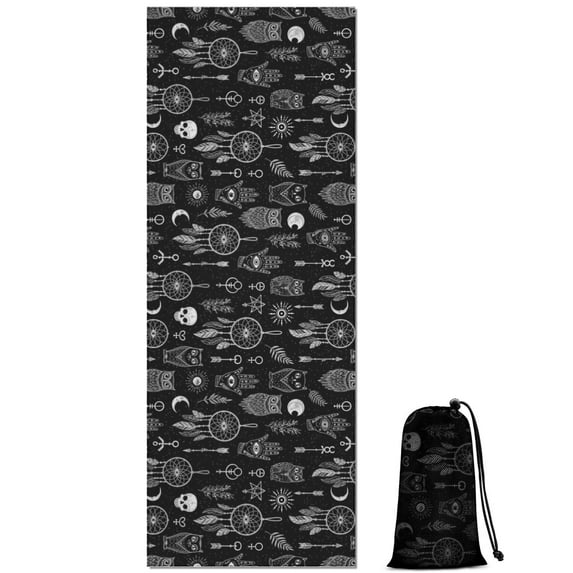 Black White Gothic Dreamcatcher Owl Skull Pattern Hot Yoga Mat Towel Non Slip for Hot Yoga - Quick-Drying Yoga Mat Cover with 4 Corner Pockets with Travel Bag - Hot Yoga Towel Non Slip 70"x26"
