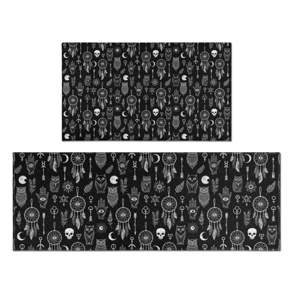 Black White Gothic Dreamcatcher Owl Skull Pattern Kitchen Rugs Sets Of 2,Anti Fatigue Kitchen Mat Rugs Non Slip Washable,Decorative Kitchen Floor Mats for Kitchen,Sink,Laundry,17"x30"+17"x47"